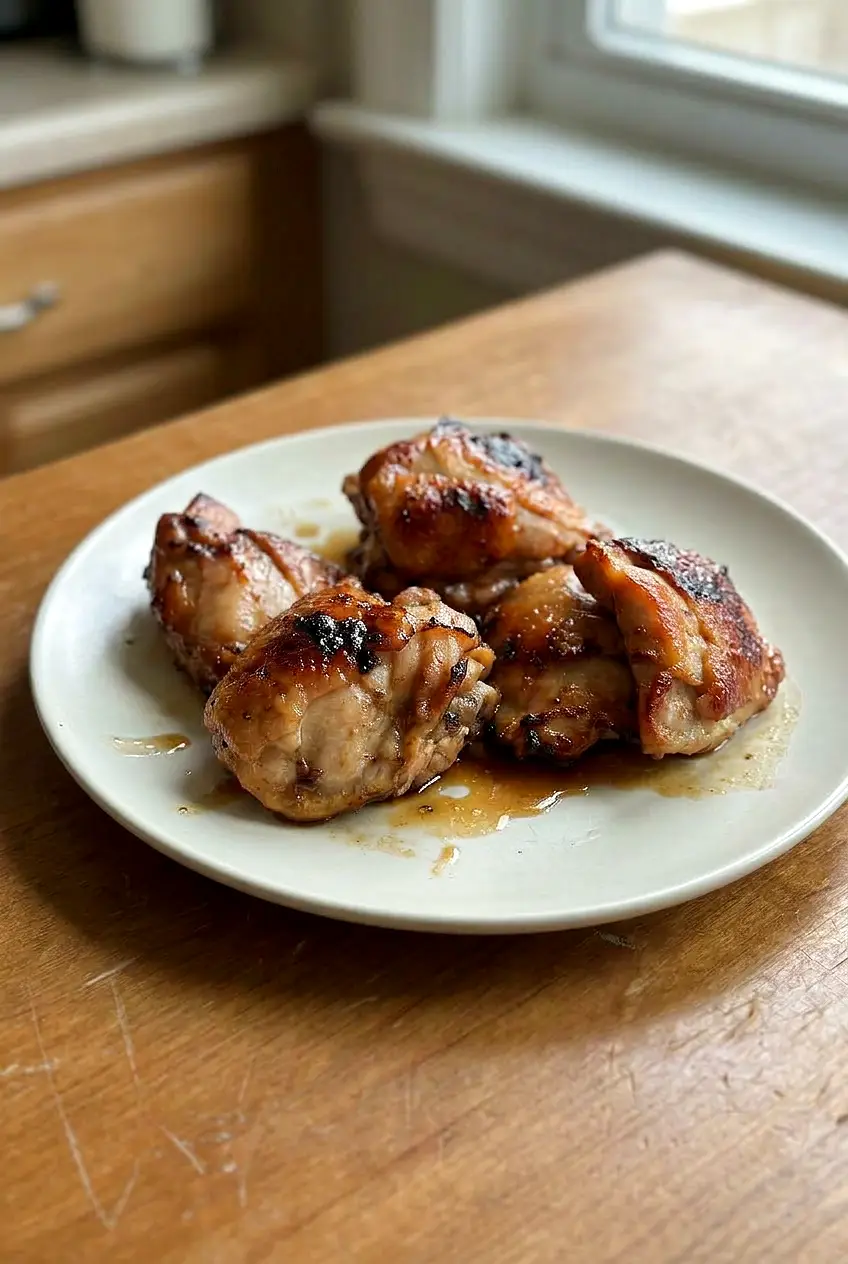 Honey soy chicken thigh with sticky glaze and pan-browned finish from the side