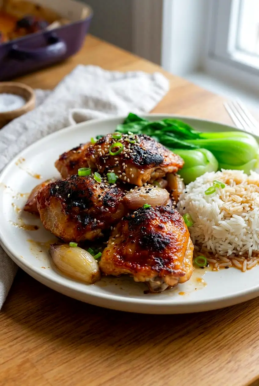 Side angle of garlic miso chicken thighs over rice with sesame seeds on top
