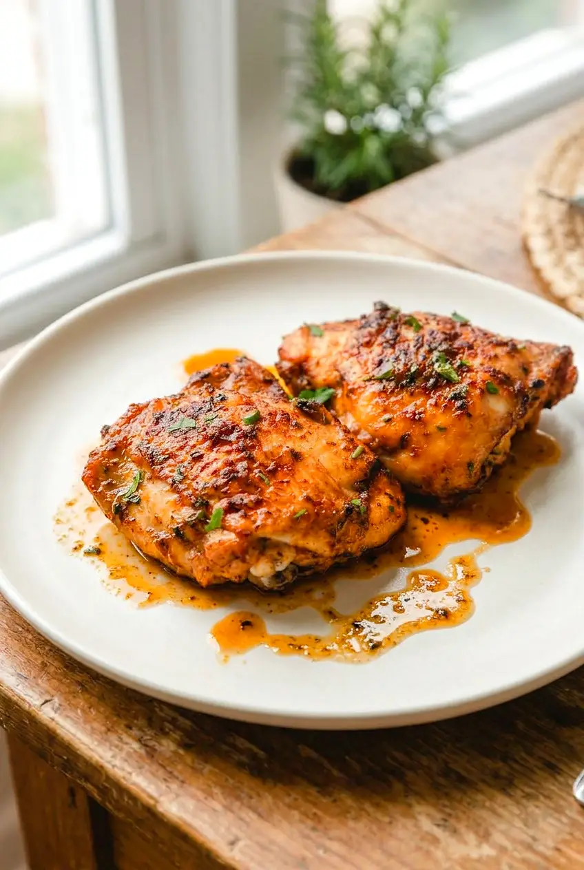 Side view of Old Bay chicken thighs with a spooned-on drizzle of pan juices