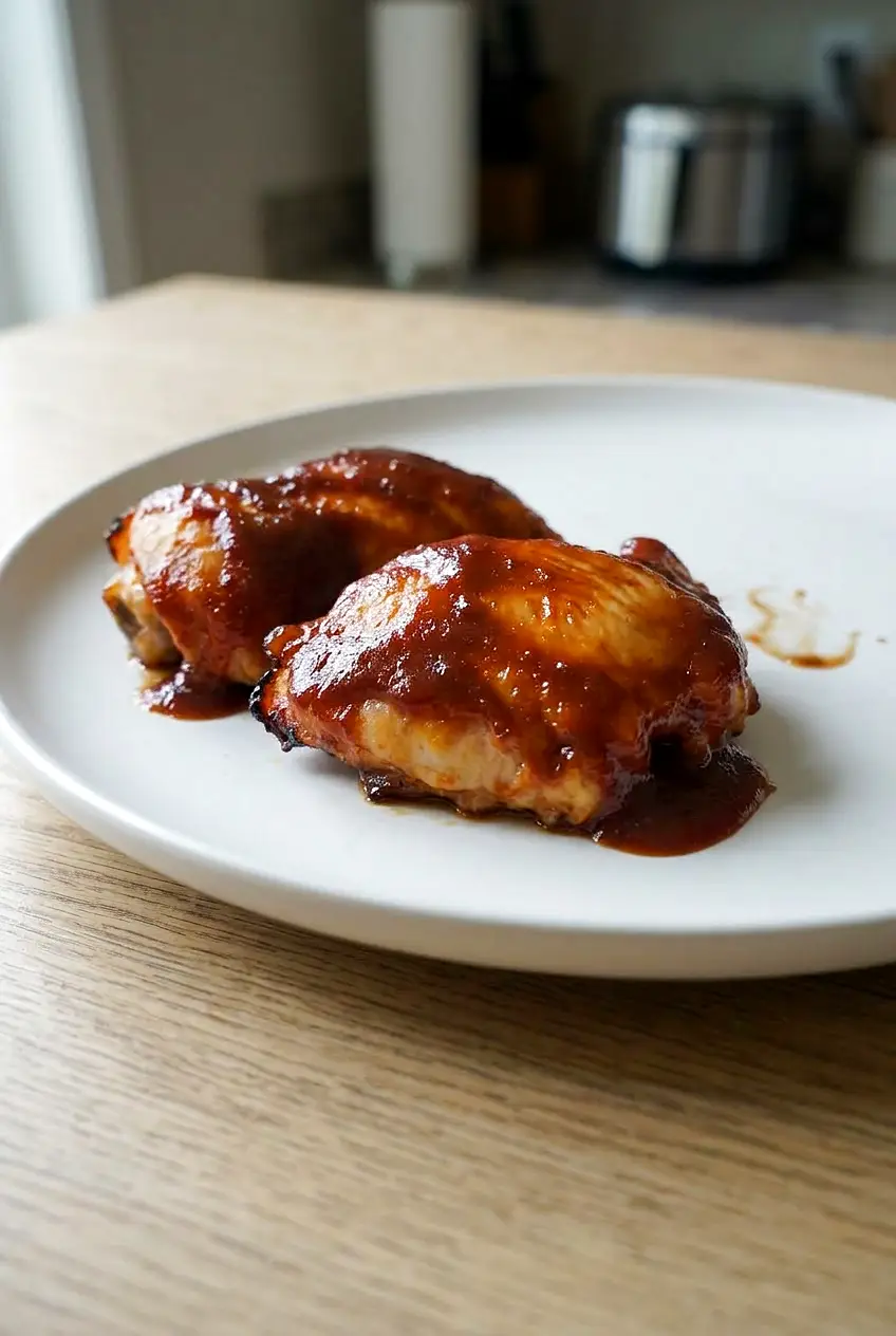 Side-angle view of saucy low carb BBQ chicken thighs showing juicy, glazed texture