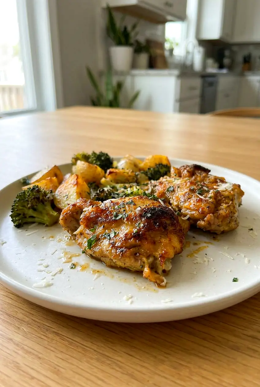 Parmesan garlic chicken thighs with roasted vegetables shown from a side angle with light Parmesan on top