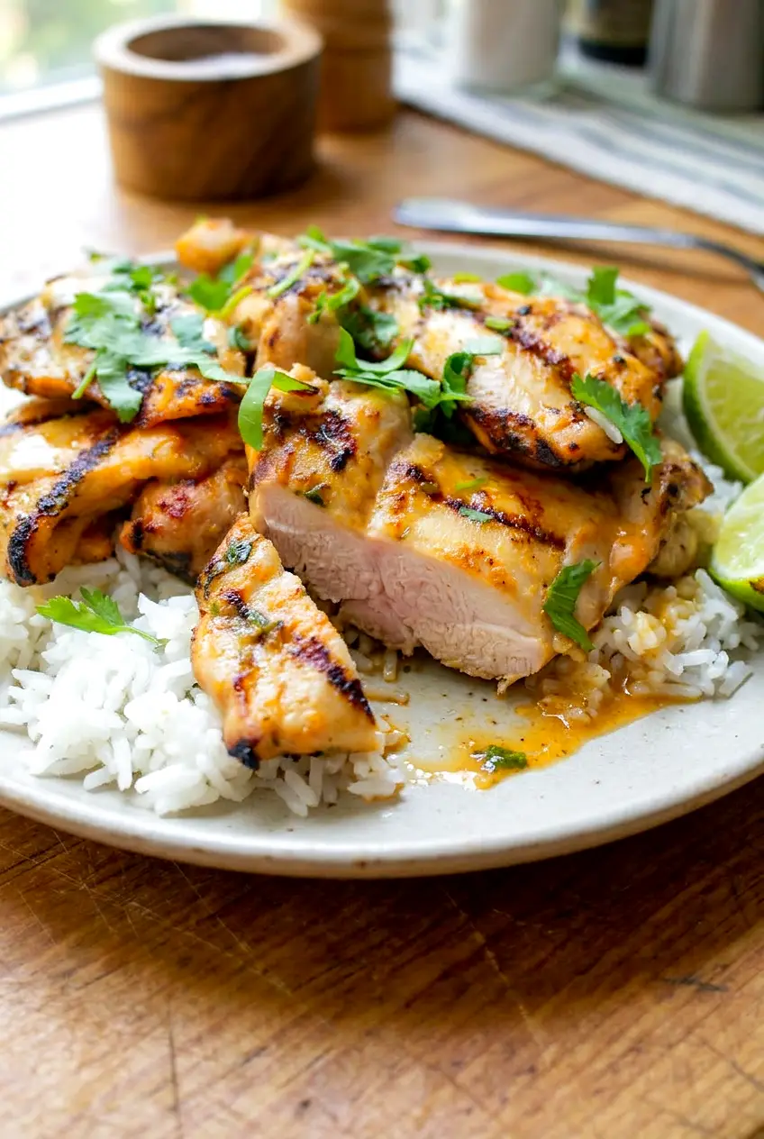 Sliced Thai boneless chicken thighs with charred edges and sauce on a simple plate