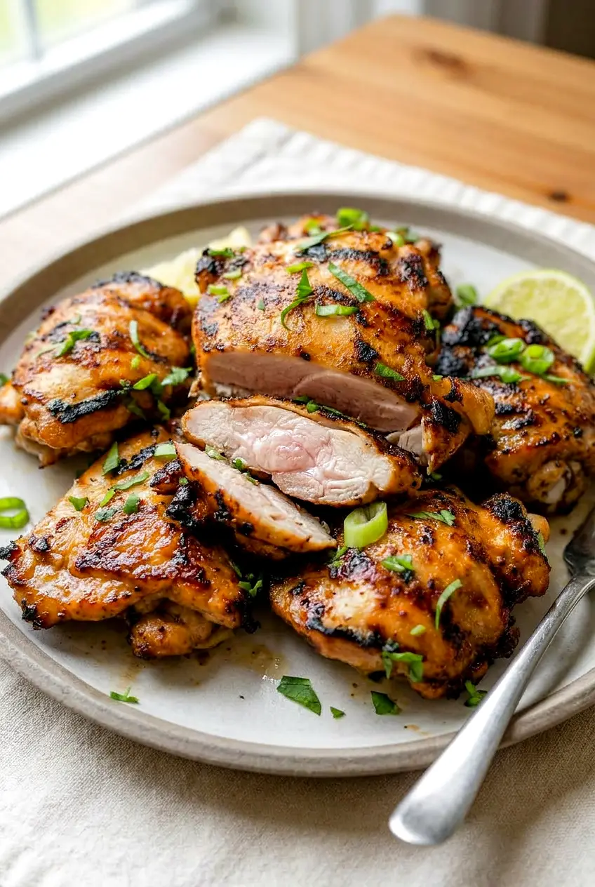 Sliced chicken thighs with glossy browned surface on a plain plate