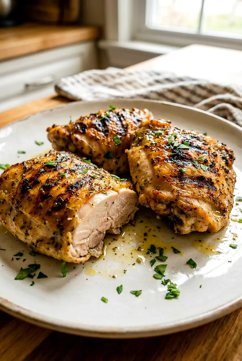 Sliced grilled Greek chicken showing moist meat and golden browned skin