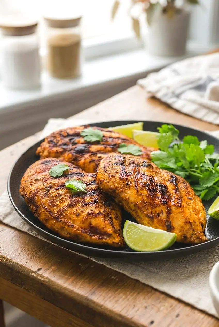 Side angle of grilled Mexican marinated chicken on a black plate with fresh cilantro and lime wedges