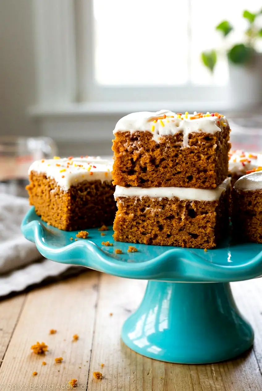 One pumpkin bar slice on a blue cake stand with thick frosting and clean edges