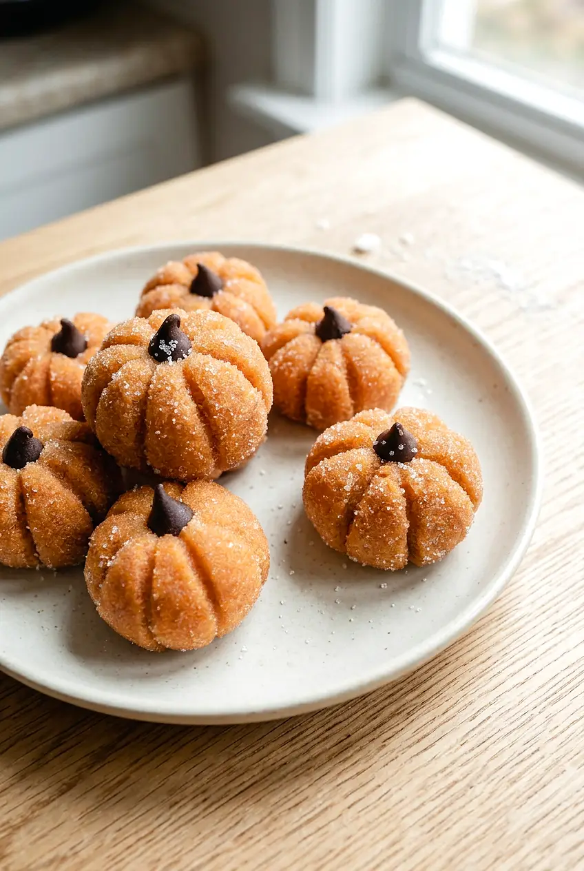A few pumpkin cheesecake truffles grouped together with visible chocolate chip stems