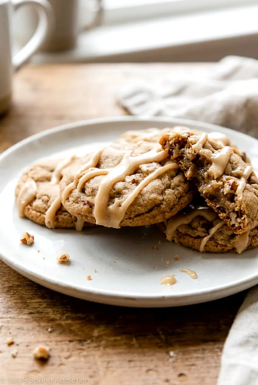 A maple iced brown sugar cookie with another cookie beside it on a plate