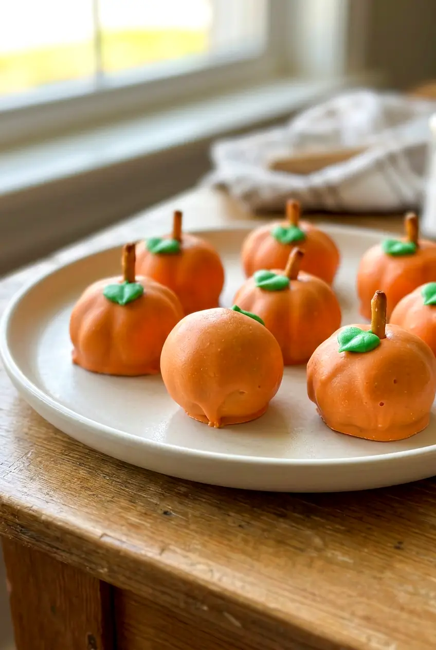 Pumpkin Oreo balls from the side with pretzel stems and a slightly imperfect homemade shape