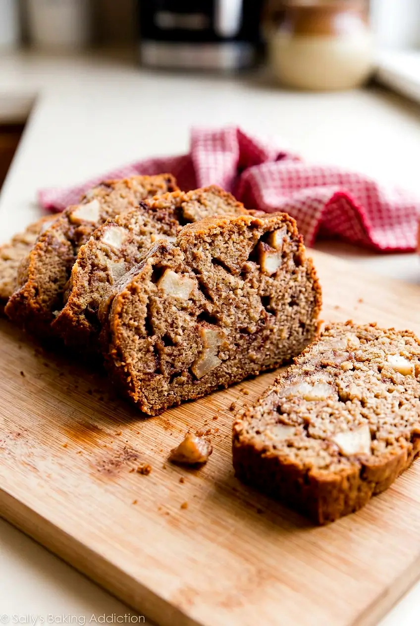 A slice of cinnamon apple bread on a wooden cutting board with a moist, spiced crumb