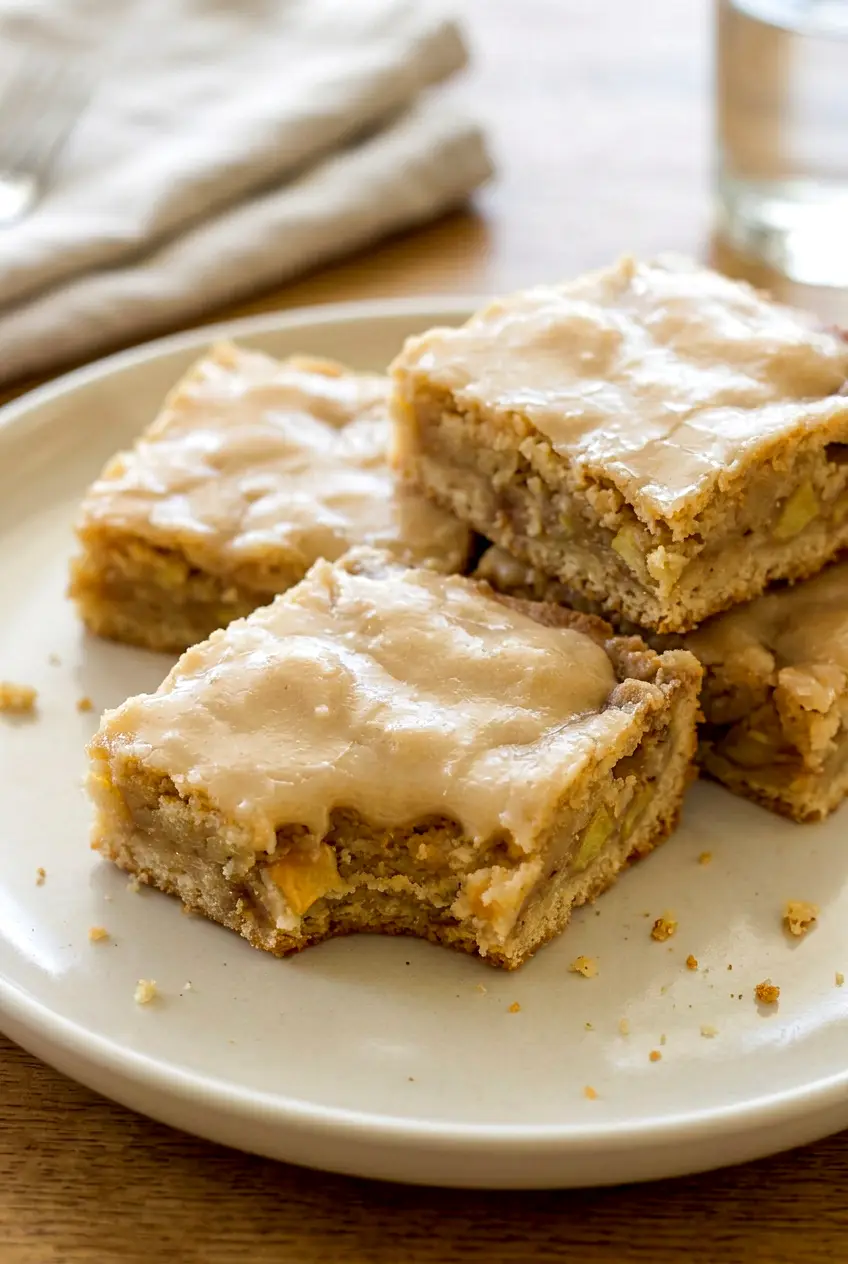 A separated square of maple glazed apple blondie with set glaze and lightly browned edges