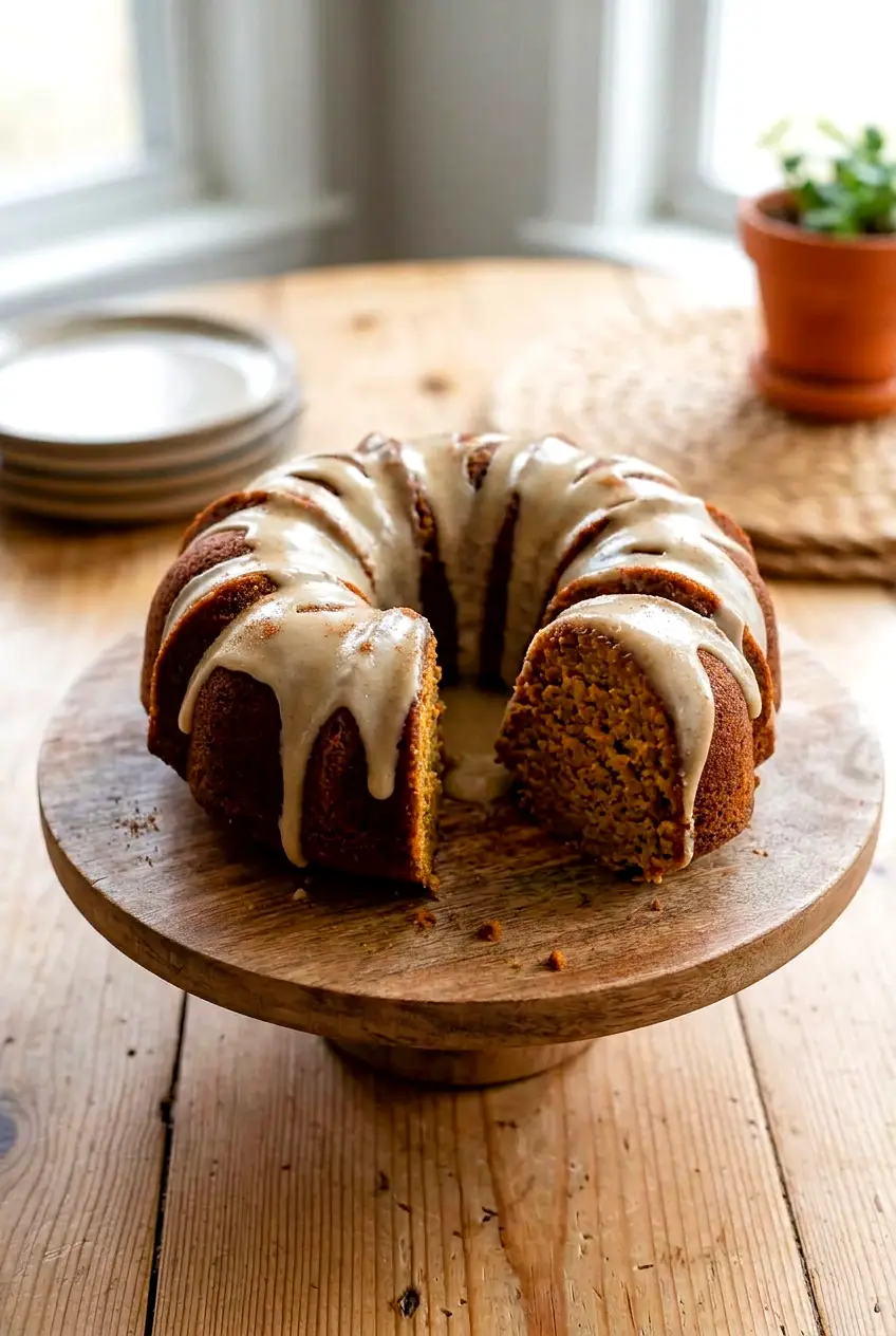 Slice of pumpkin Bundt cake on the wooden stand with maple icing and spice on top