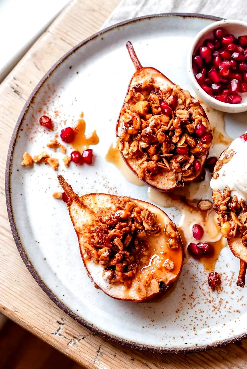 Overhead view of baked pears on a plate with sauce, ice cream, and scattered pomegranate arils