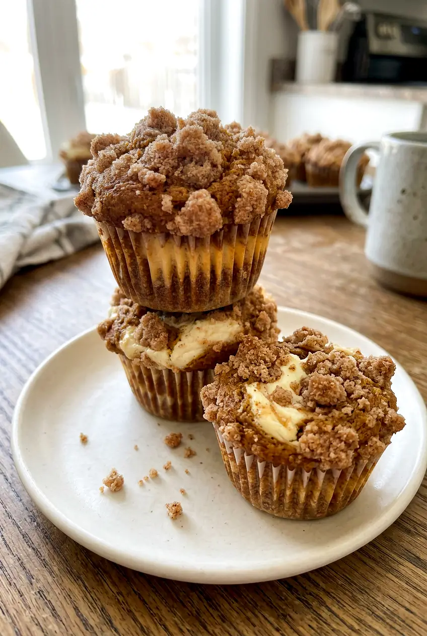 Pumpkin cream cheese muffin on a small plate with a lightly browned top and visible filling