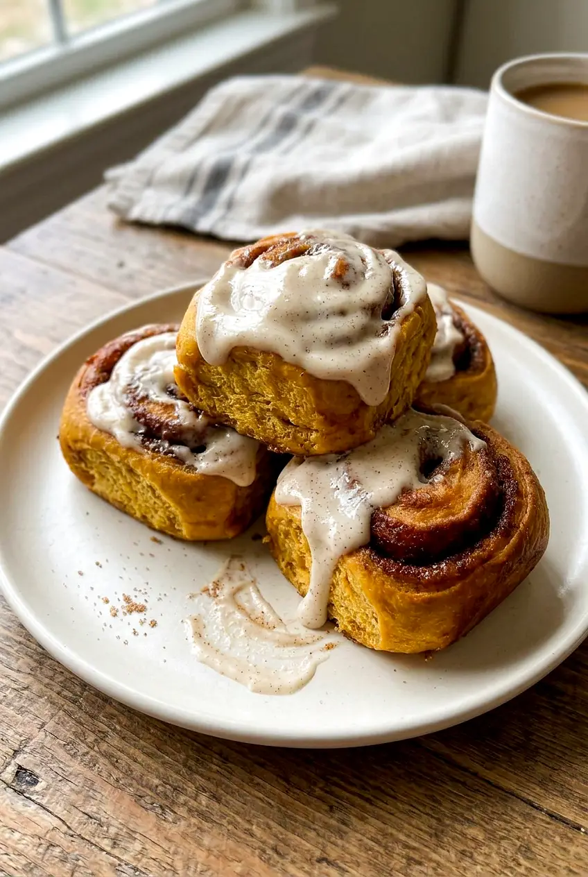 A warm pumpkin cinnamon roll with icing and visible cinnamon swirl on a plate