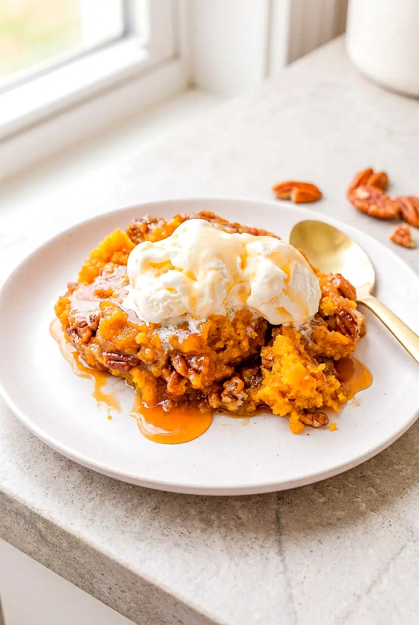 Side view of pumpkin pecan cobbler on a white plate, showing the soft pumpkin layer and sauce around the edges.