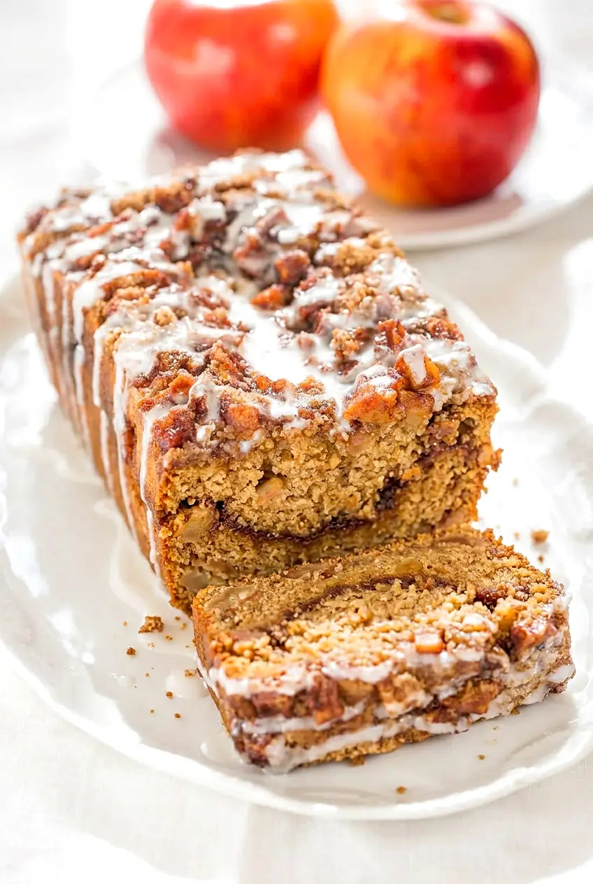 Side angle of apple fritter bread on a white platter with a slice showing tender apple-studded crumb