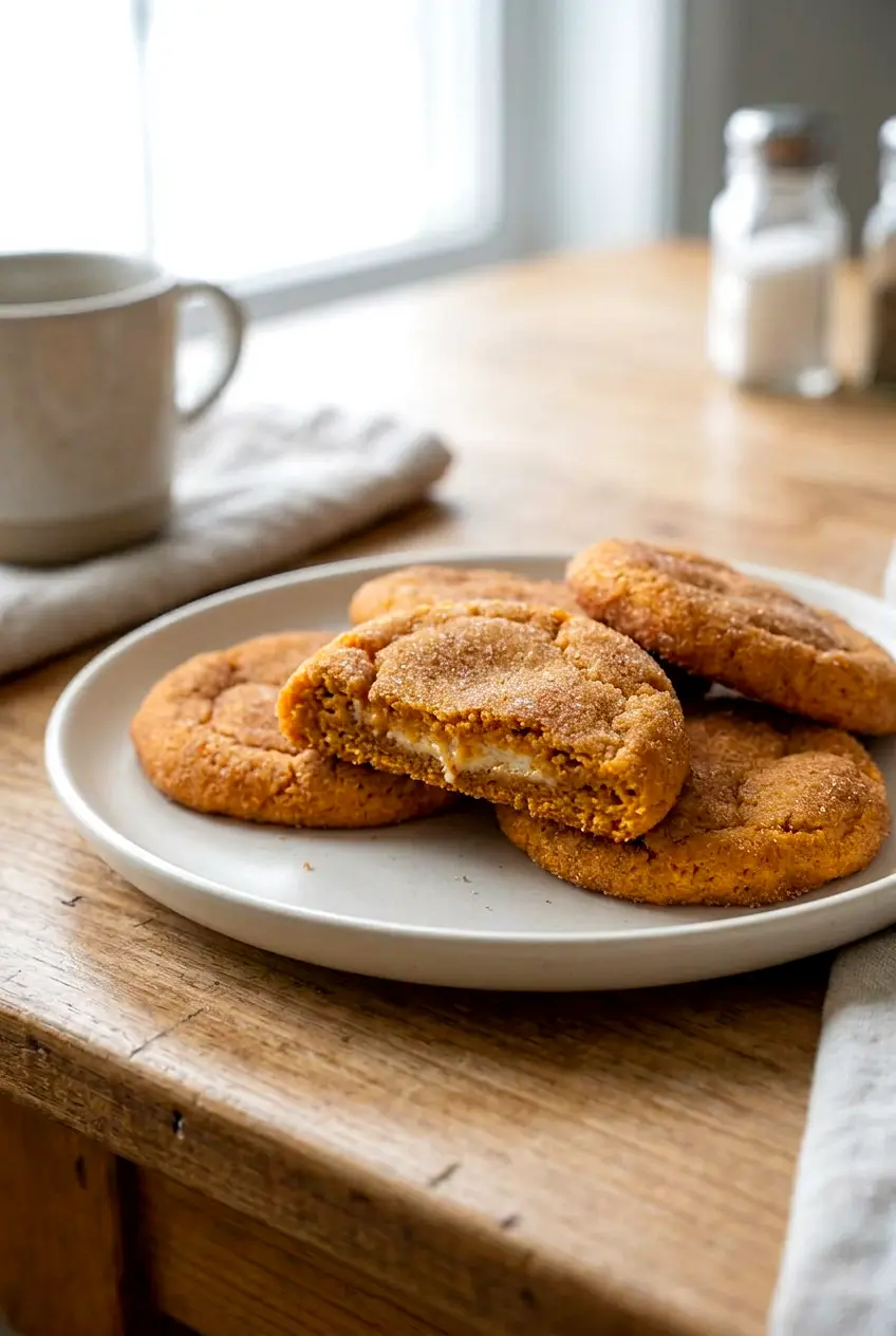 A pumpkin cheesecake cookie broken open to show the creamy cheesecake filling inside