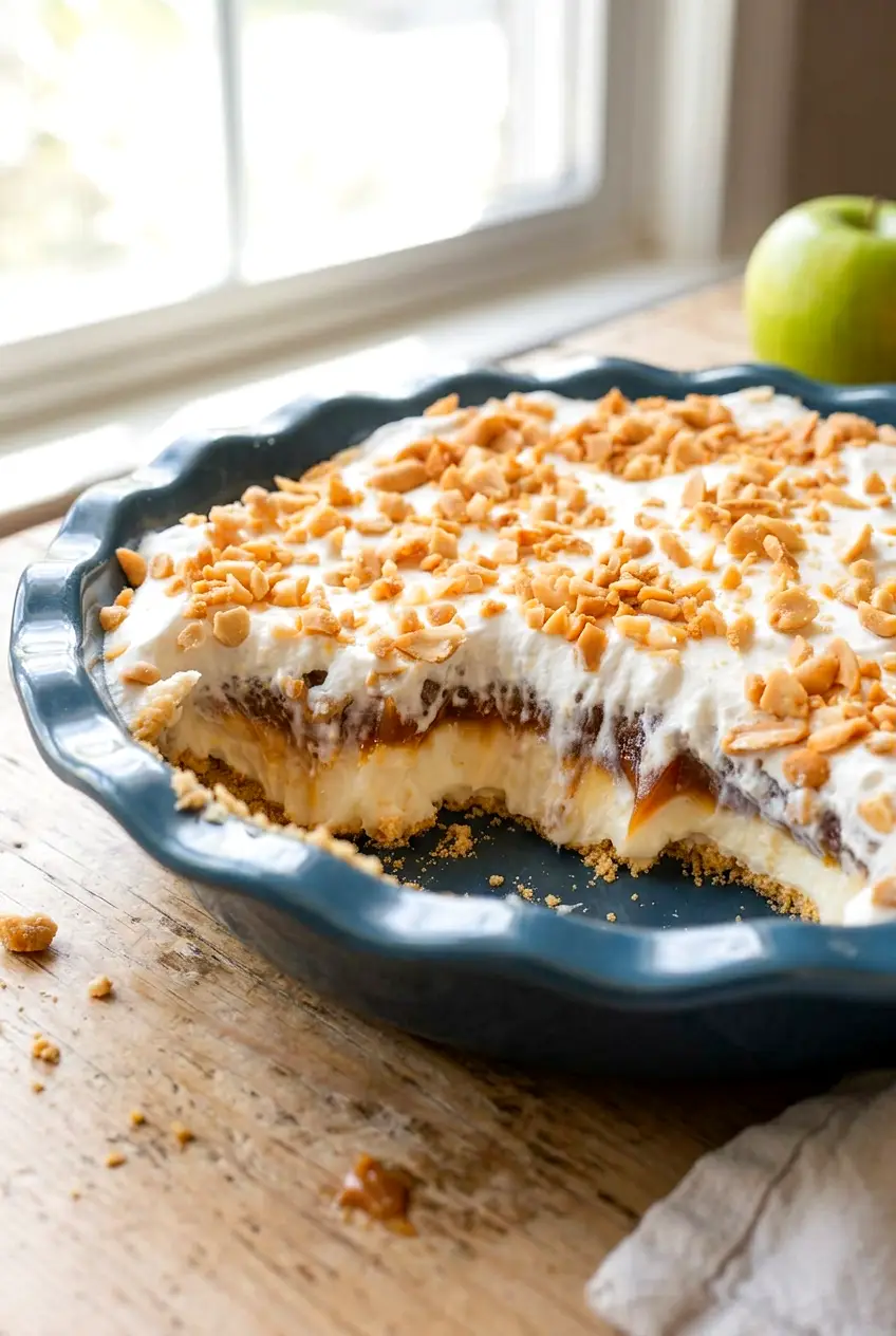 Side angle of the caramel apple cheesecake dip with the crust and scooped-out center visible