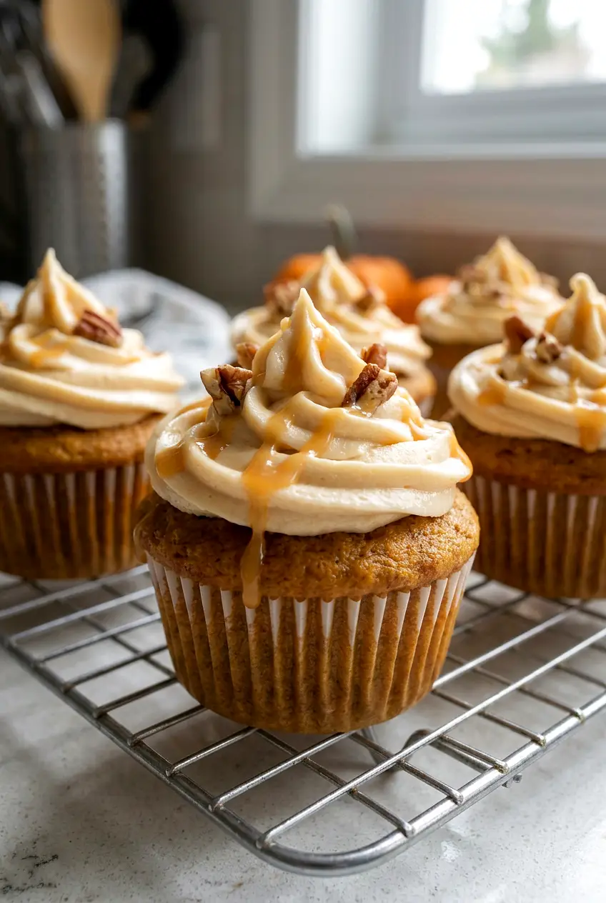 A pumpkin cupcake with caramel cream cheese frosting on a wire rack, side view