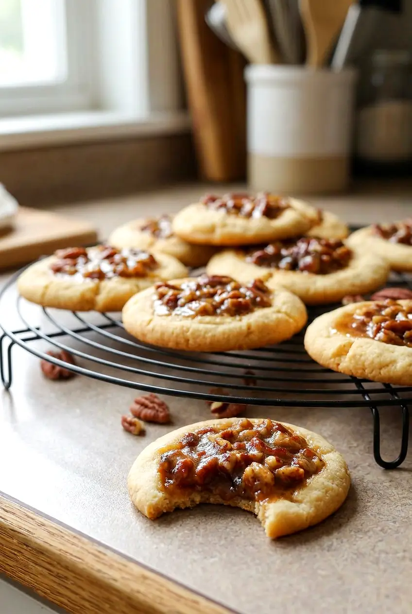 A pecan pie cookie with a bite taken out, revealing the soft brown-butter base and pecan center