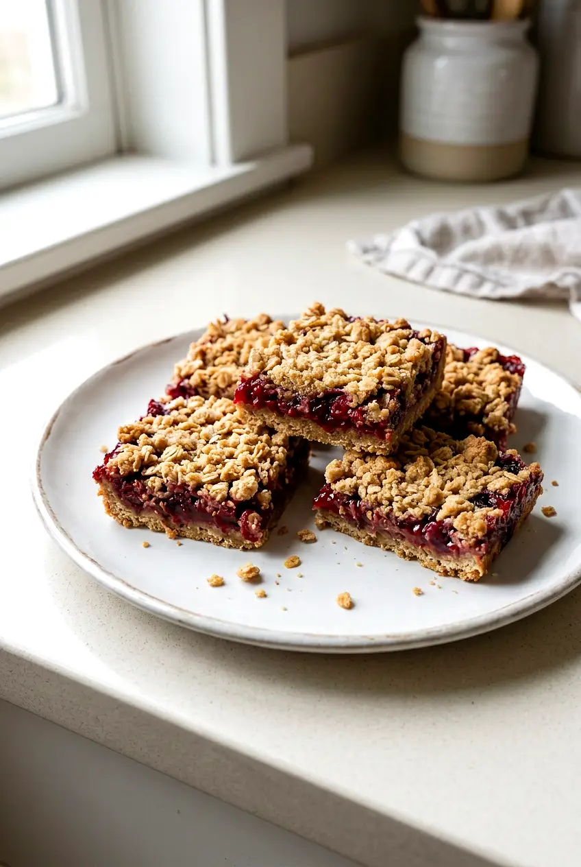 A square of cranberry crumble bars with a visible jammy center and crumb topping on a plate.
