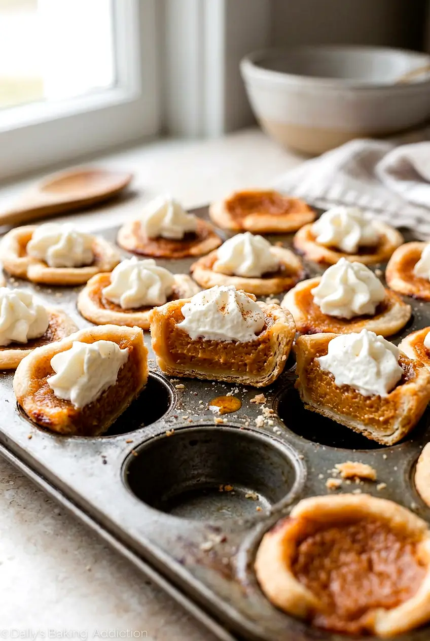 Mini pumpkin pies in a mini muffin pan with one pie showing the creamy filling inside