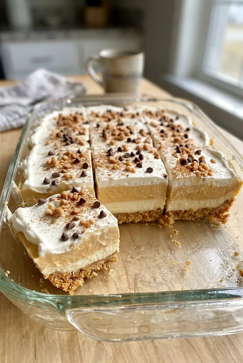 A separated pumpkin lush square with whipped topping and crunchy toffee bits on top