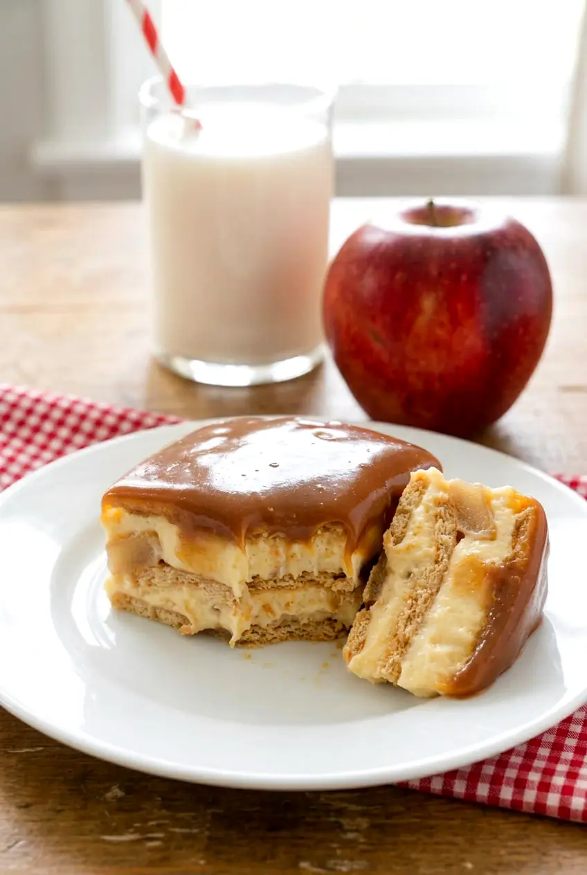 Side view of a caramel apple cake slice on a white plate with a glass of milk