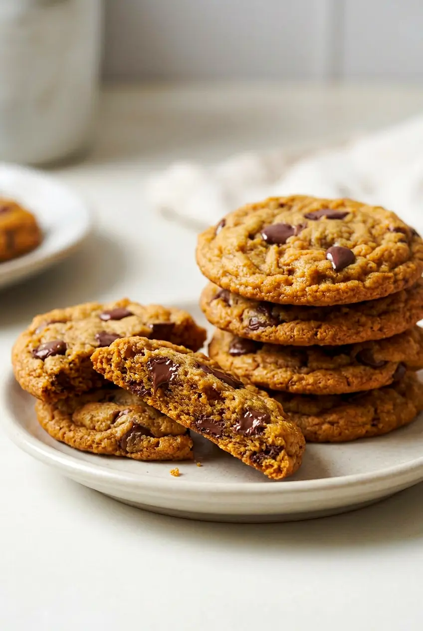 A pumpkin chocolate chip cookie with a cracked edge and melted chocolate chips