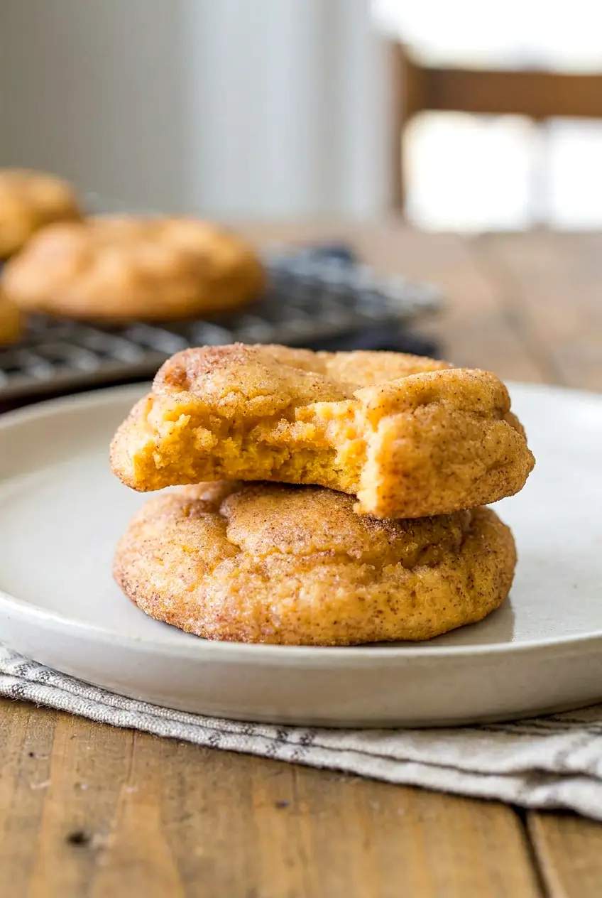 A bitten pumpkin snickerdoodle cookie stacked on another cookie, showing a soft interior