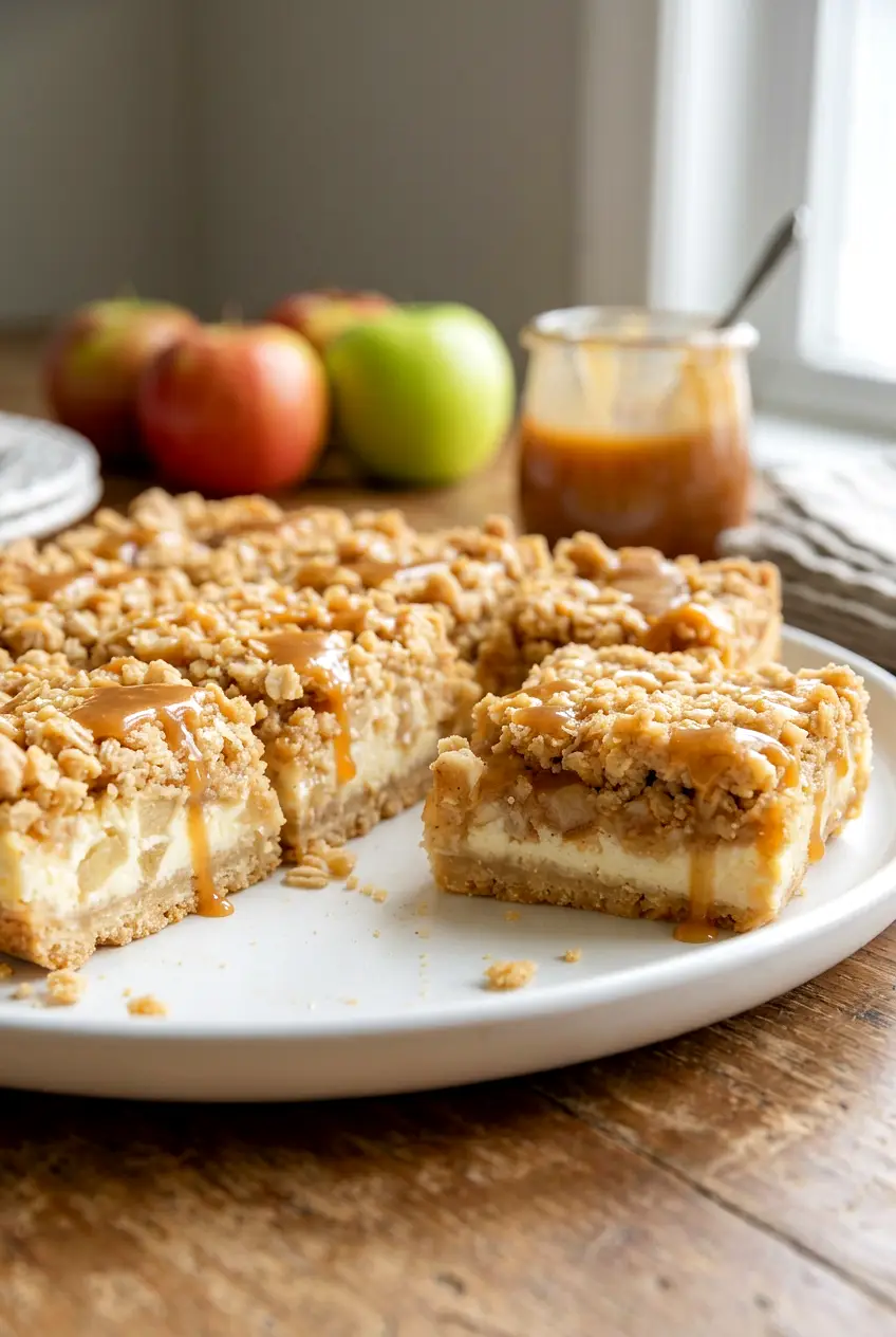 A square of caramel apple cheesecake bars with a caramel drizzle and crumbly topping, seen from the side