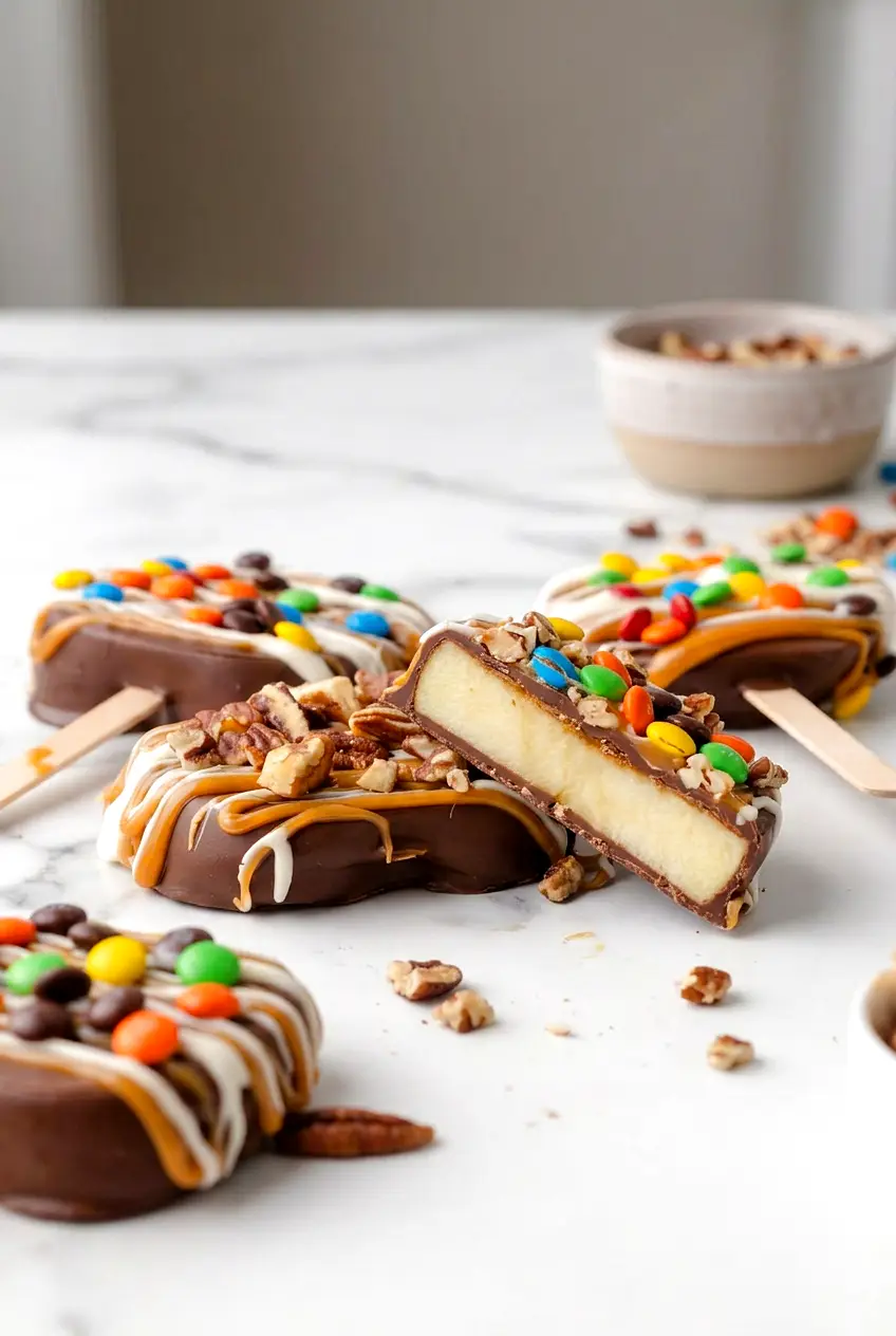 Side view of a chocolate covered caramel apple slice showing the chocolate coating and crunchy toppings