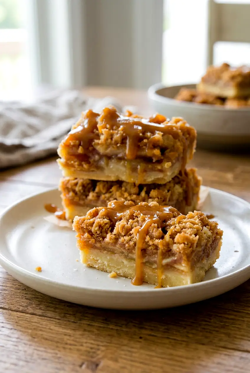A sliced apple pie bar with caramel on top, showing the neat layered edges
