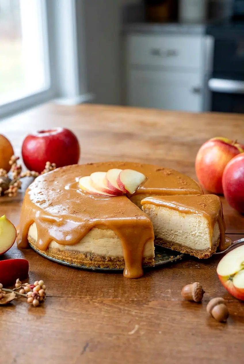 Apple cider cheesecake with one slice separated on a wooden table