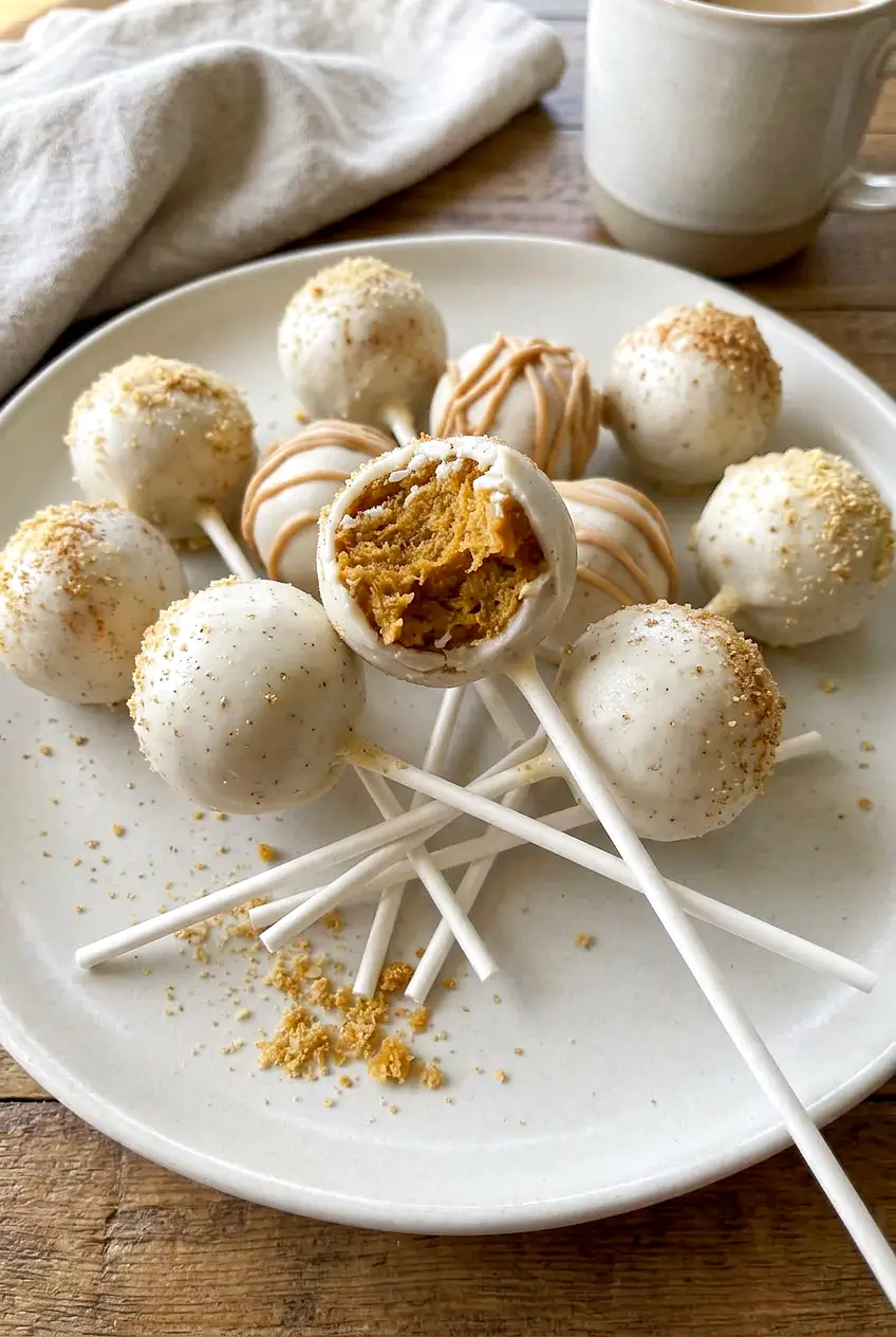 Pumpkin pie cake pops arranged on parchment with a few sprinkled toppings visible