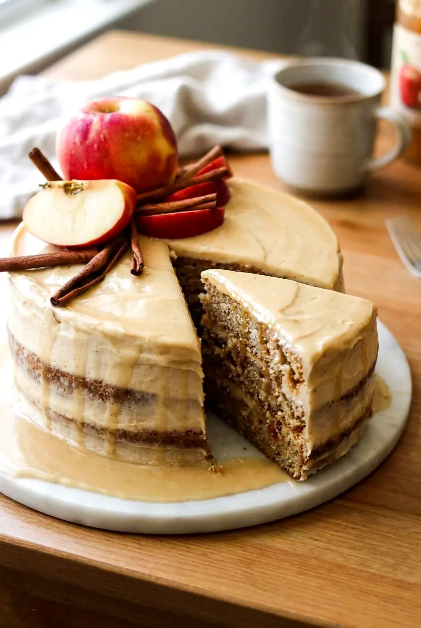A slice of bourbon apple cider cake on a marble plate with glossy honey glaze