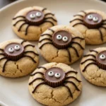 Peanut butter spider cookies with candy cup bodies, candy eyes, and chocolate legs on a light ceramic plate.