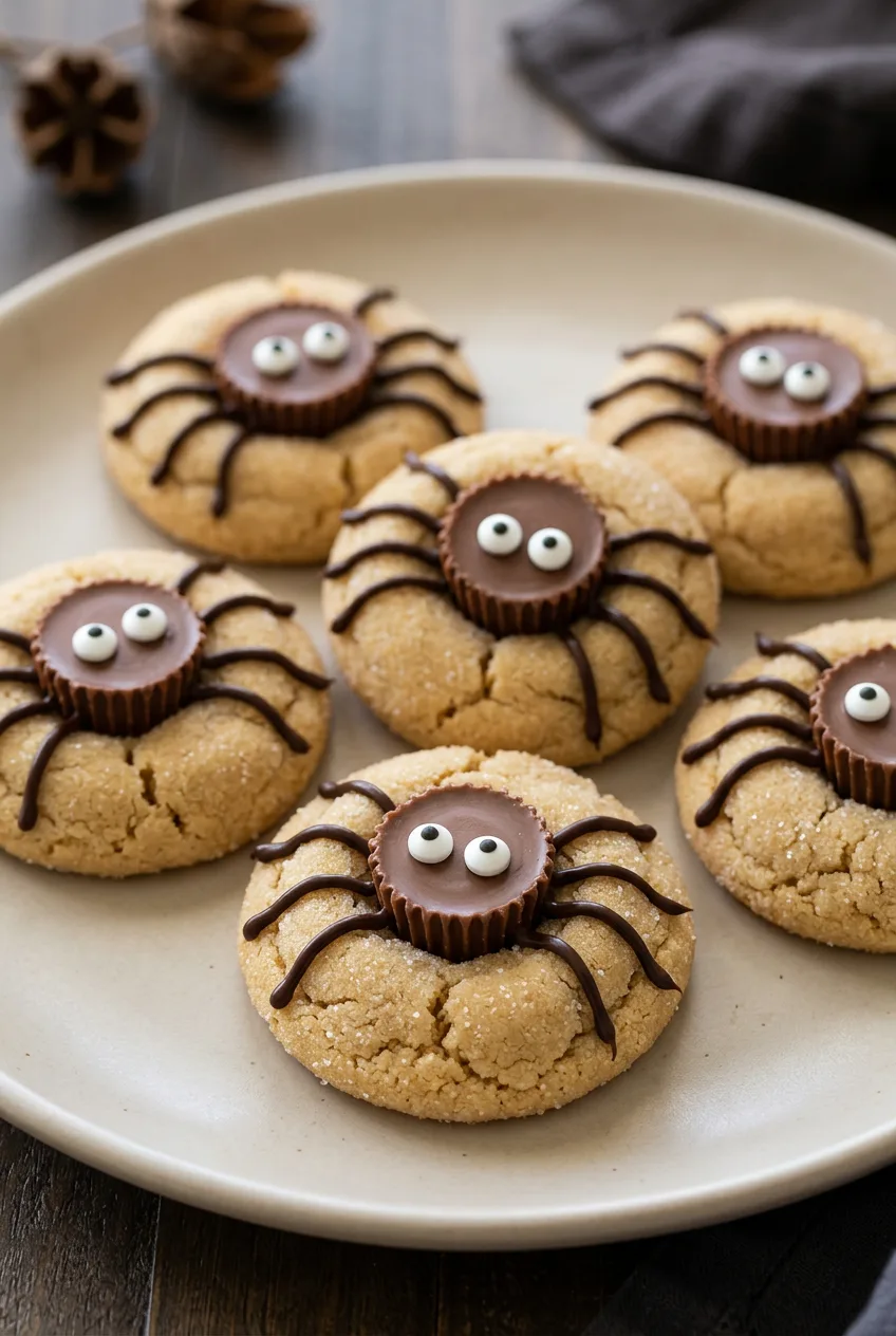 Peanut butter spider cookies with candy cup bodies, candy eyes, and chocolate legs on a light ceramic plate.
