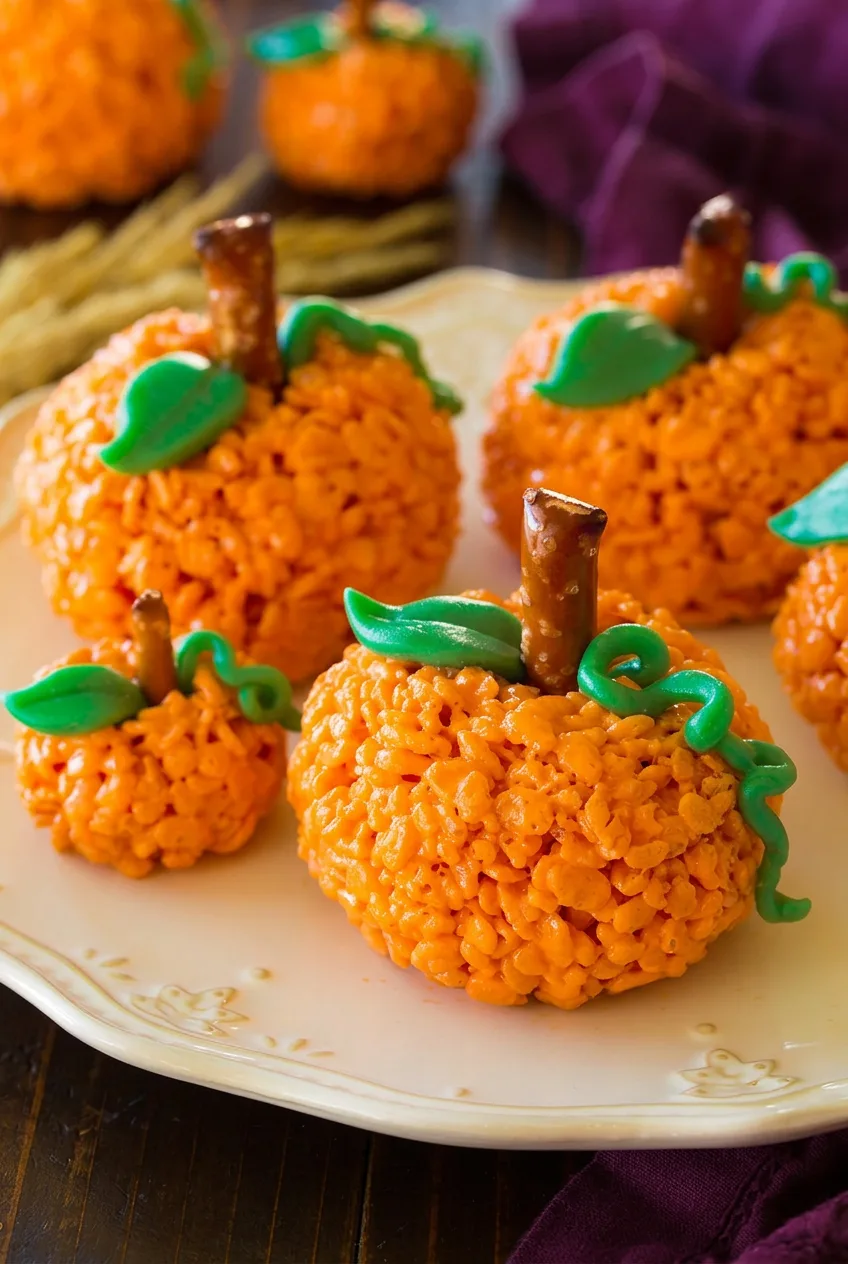 Orange Pumpkin Rice Krispie Treats with pretzel stems and green icing leaves on a cream platter.