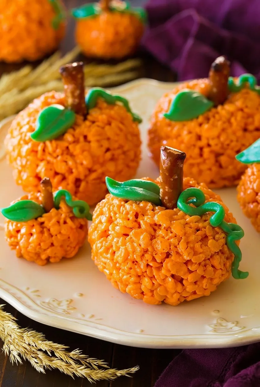 Pumpkin Rice Krispie Treats with pretzel stems and green icing leaves on a cream ceramic platter.