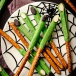Green witch finger pretzel rods with almond nails on a black spiderweb plate.