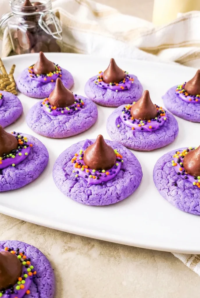 Purple Witch Hat Cookies with chocolate kiss peaks and sprinkle-covered frosting bands on a white platter.