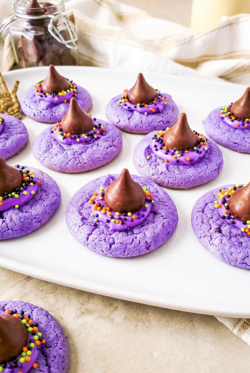 Purple Witch Hat Cookies with chocolate kiss peaks and sprinkle-covered frosting bands on a white platter.