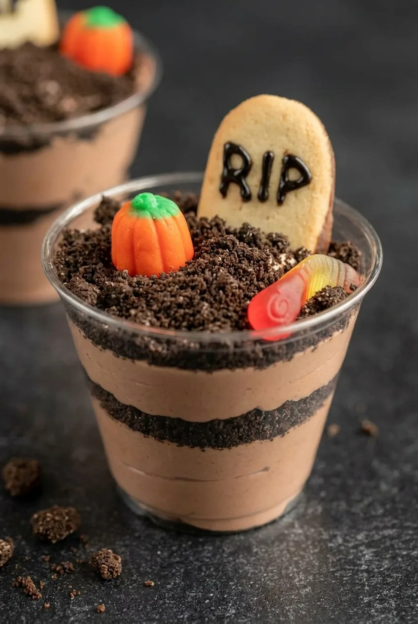 Halloween dirt pudding cup with visible chocolate pudding layers, cookie dirt, RIP tombstone, pumpkin candy, and gummy worm