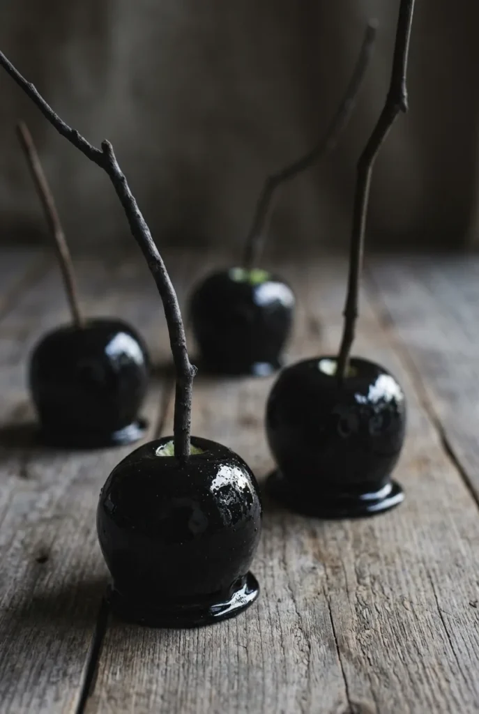 Glossy black poison candy apples with tall dark twig-style sticks on a rustic wood board.