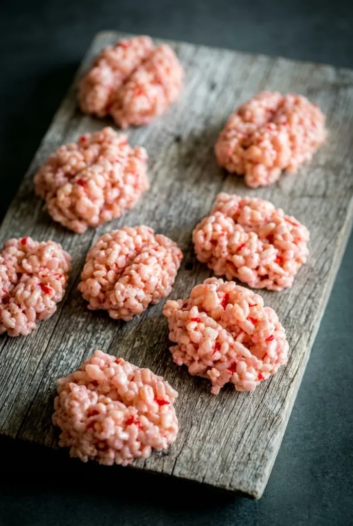 Pale pink Halloween Brain Rice Krispie Treats with red streaks and deep center grooves on a rustic wooden board.