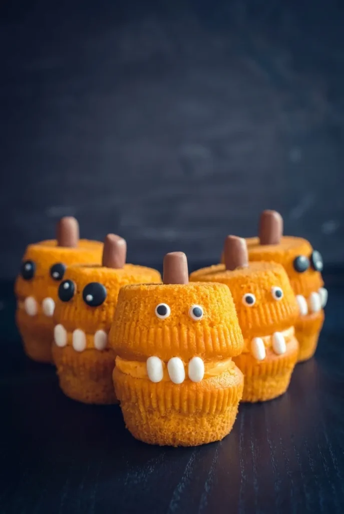 Halloween pumpkin monster cupcakes stacked in pairs with orange frosting mouths, candy eyes, teeth, and brown stems