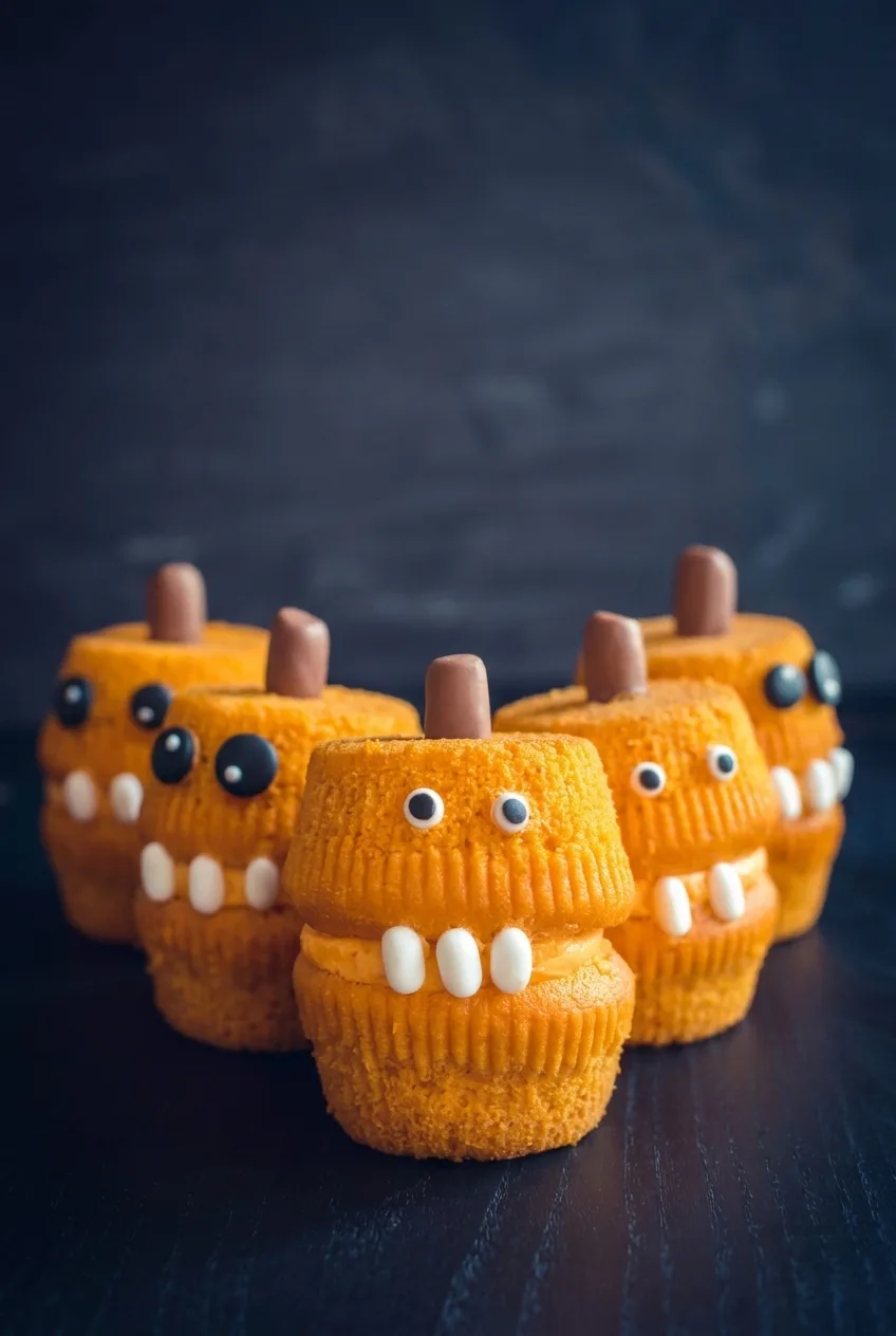 Halloween pumpkin monster cupcakes stacked in pairs with orange frosting mouths, candy eyes, teeth, and brown stems