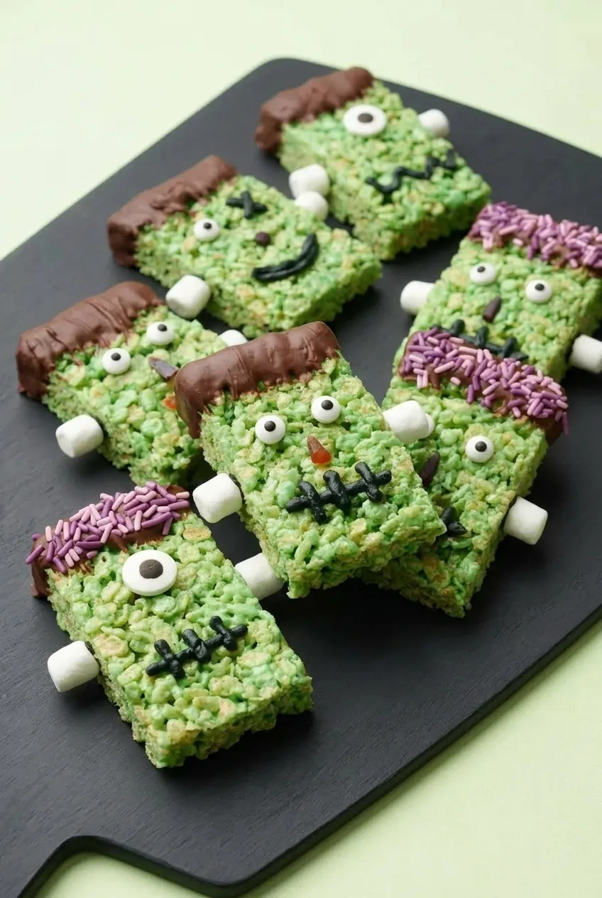 Frankenstein Rice Krispie Treats with chocolate hair, candy eyes, icing faces, and marshmallow bolts on black slate